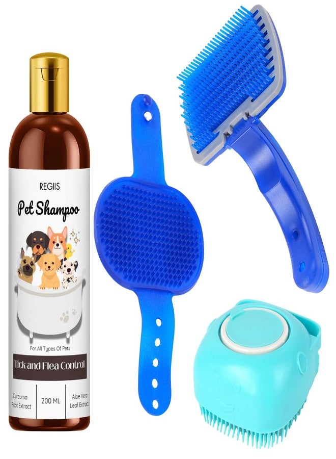 مجموعة شامبو وفرشاة تنظيف الحيوانات الأليفة، تركيبة لمكافحة القراد والبراغيث مع مستخلص الكركم، 200 مل، فرشاة سيليكون زرقاء للكلاب والقطط (عبوة من 4 قطع) - Image 1